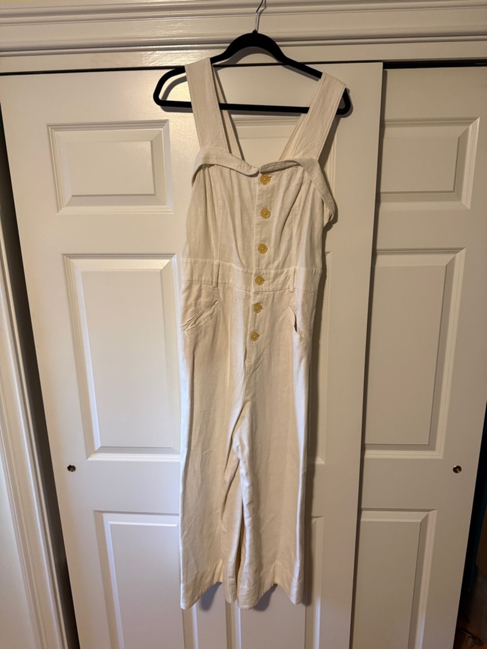 Anthropologie Cream Wide-Strap Button-Front Bodysuit Jumpsuit
